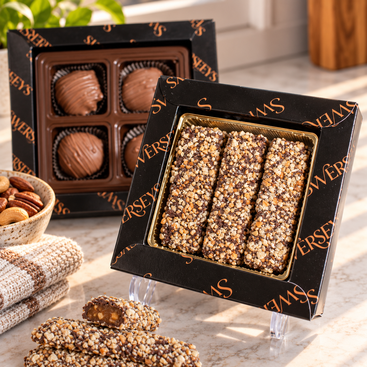 Kosherline 4 Tier Executive Indulgence gift tower featuring nut-covered chocolate bars and assorted gourmet treats.