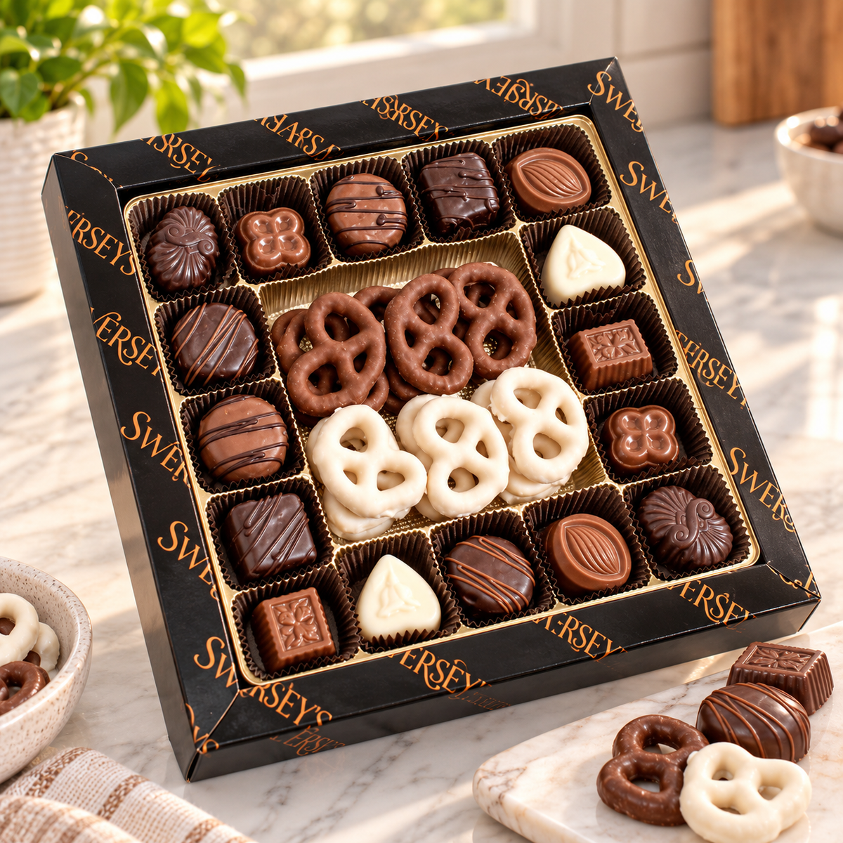 Kosherline 6 Tier Prestige gift box filled with assorted gourmet chocolates, chocolate-covered pretzels, and nuts.