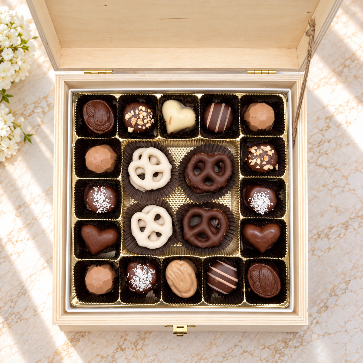 Kosherline assorted chocolate and pretzel gift set in a small wooden box with various shapes and toppings