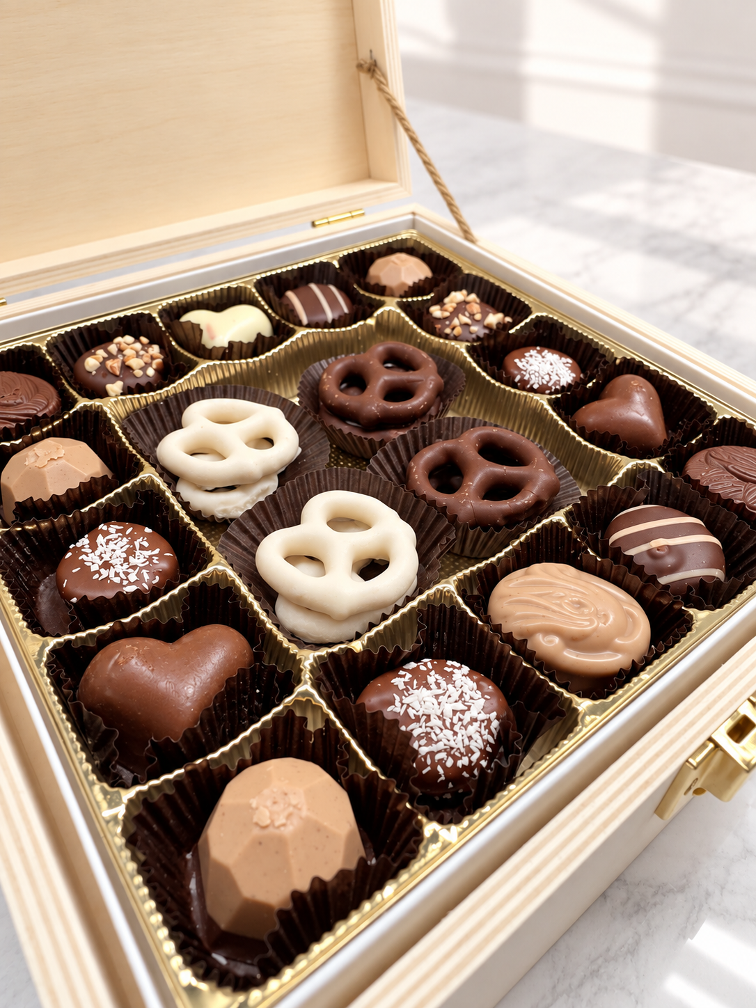 Kosherline assorted chocolate and pretzels gift set in a small wooden box with various shapes and toppings