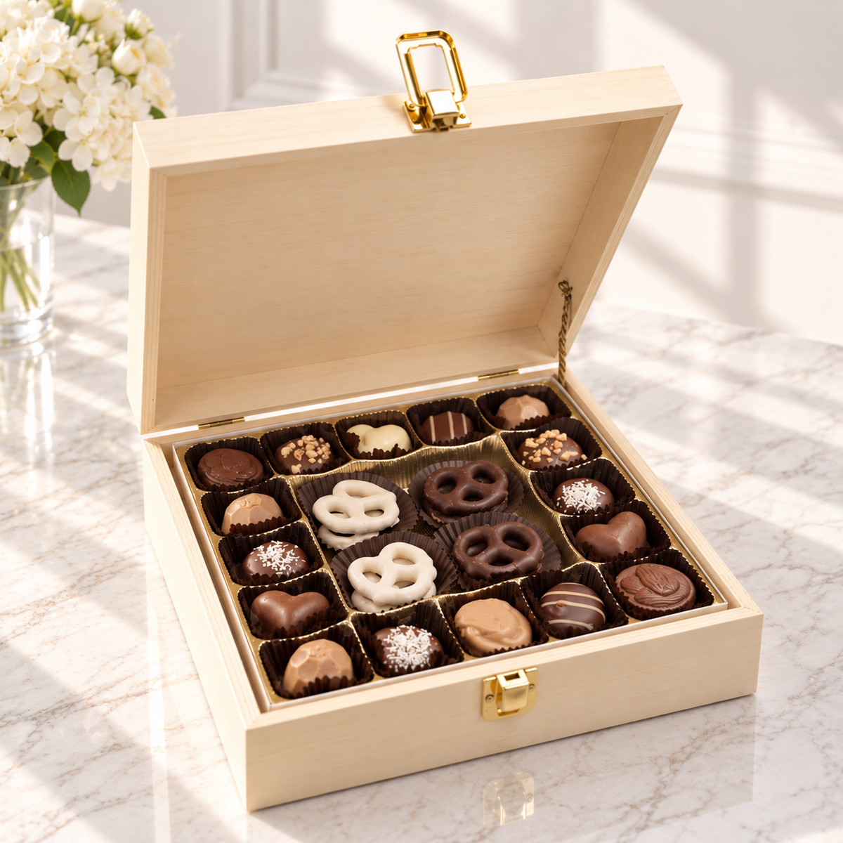 Kosherline assorted chocolate and pretzel gift set in a small wooden box with a gold latch on a marble table.