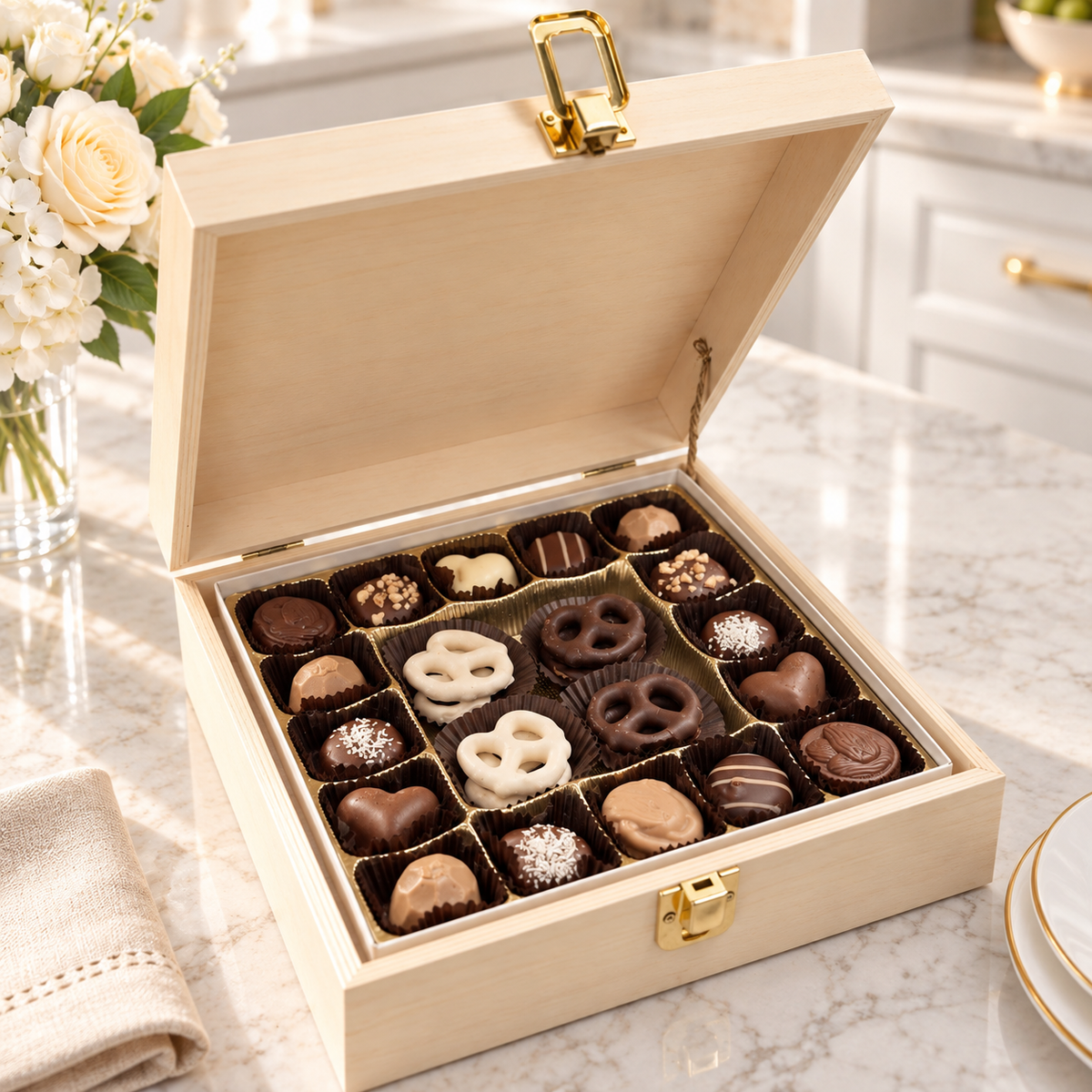 Kosherline assorted chocolate and pretzel gift set in a small wooden box with a gold latch on a marble countertop.
