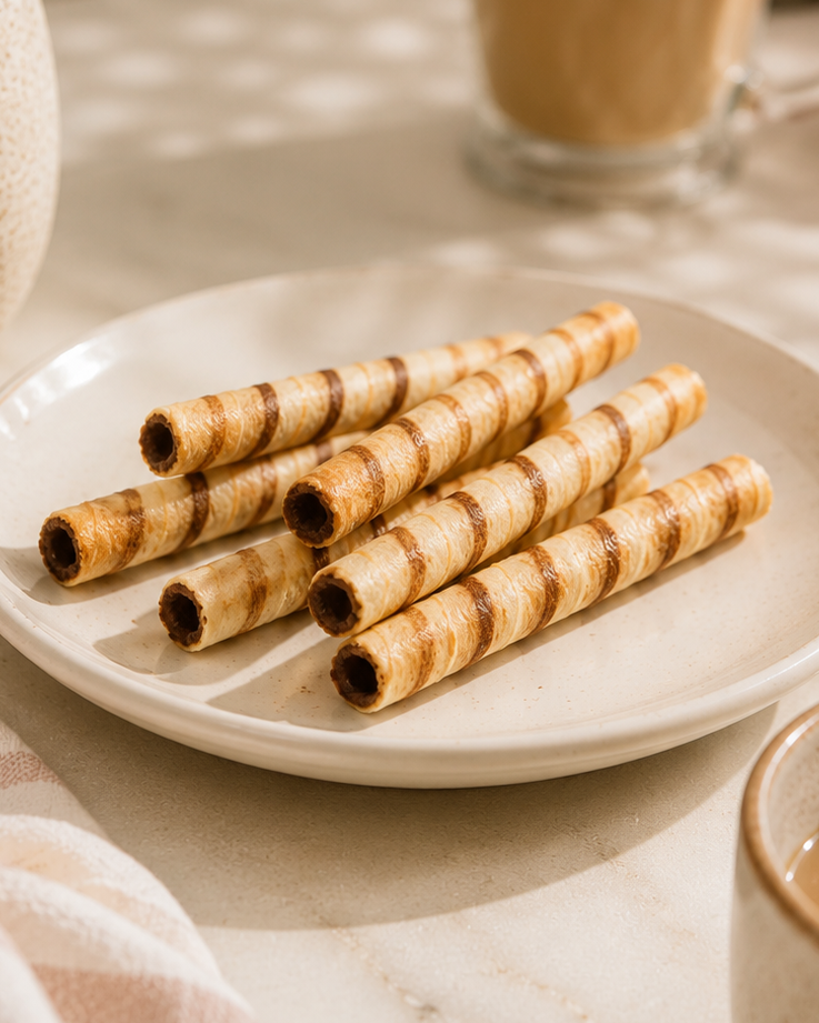 Kosherline Rosh Hashanah elegant basket featuring crispy chocolate-filled wafer rolls on a ceramic plate