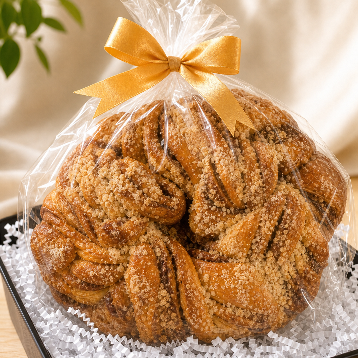 Kosherline Summer Rosato gift basket featuring a cinnamon babka cake wrapped in clear film with a gold ribbon bow