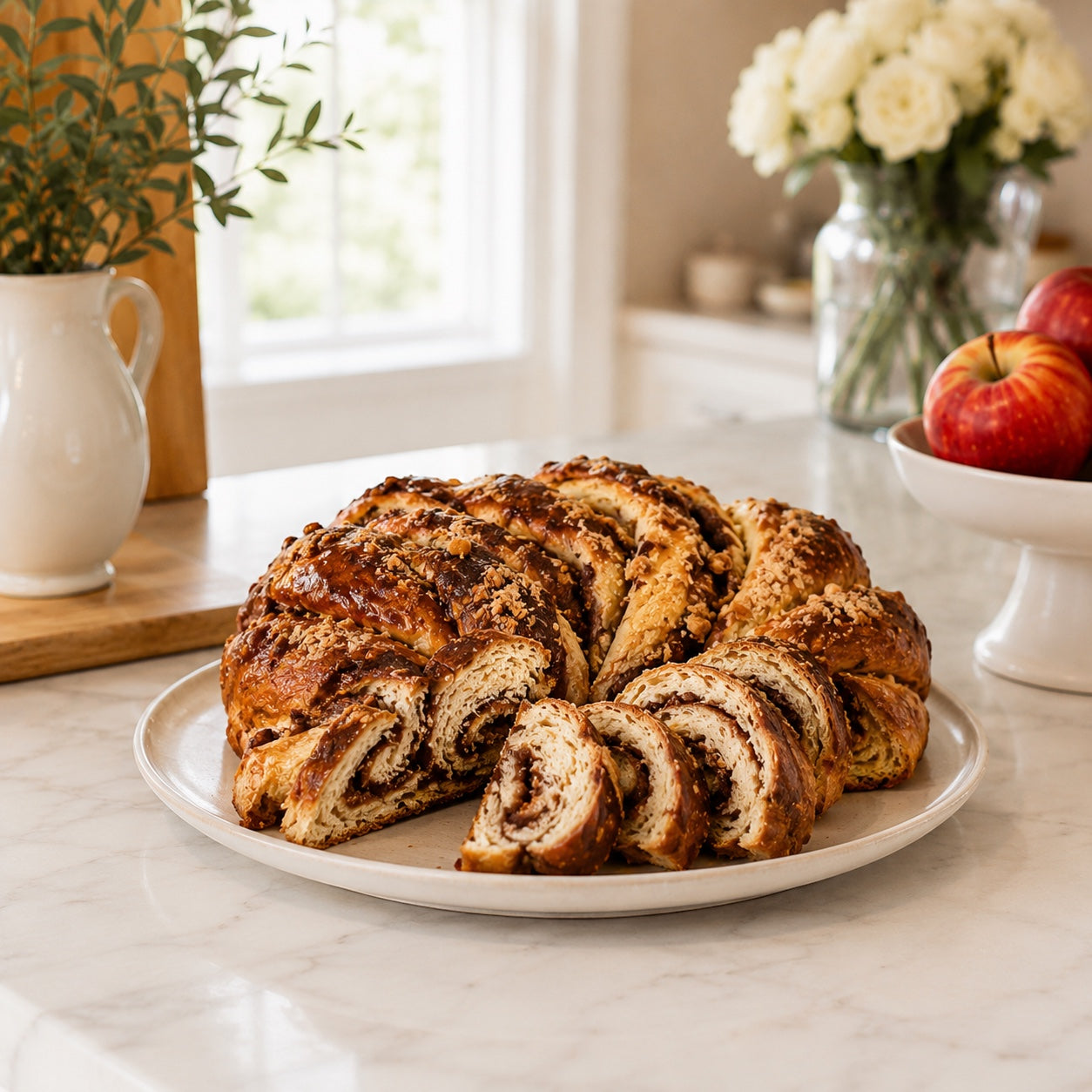 Kosherline sliced cinnamon babka on a white ceramic plate in a bright kitchen setting with apples and flowers