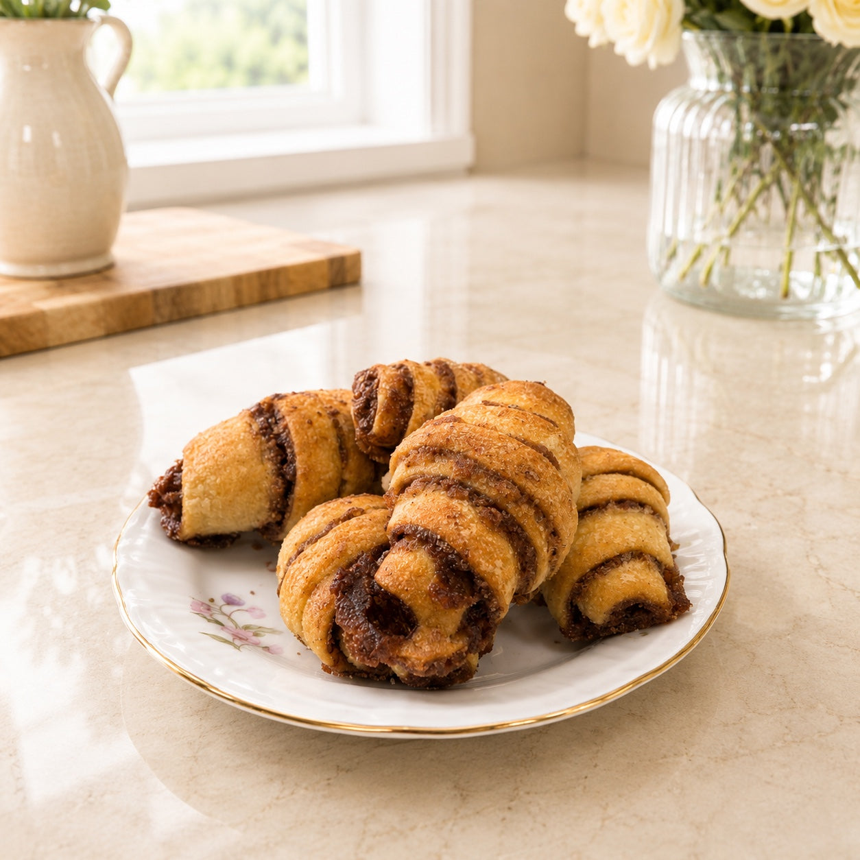 Kosherline gift box cinnamon twist pastries served on a delicate floral porcelain plate for Rosh Hashanah
