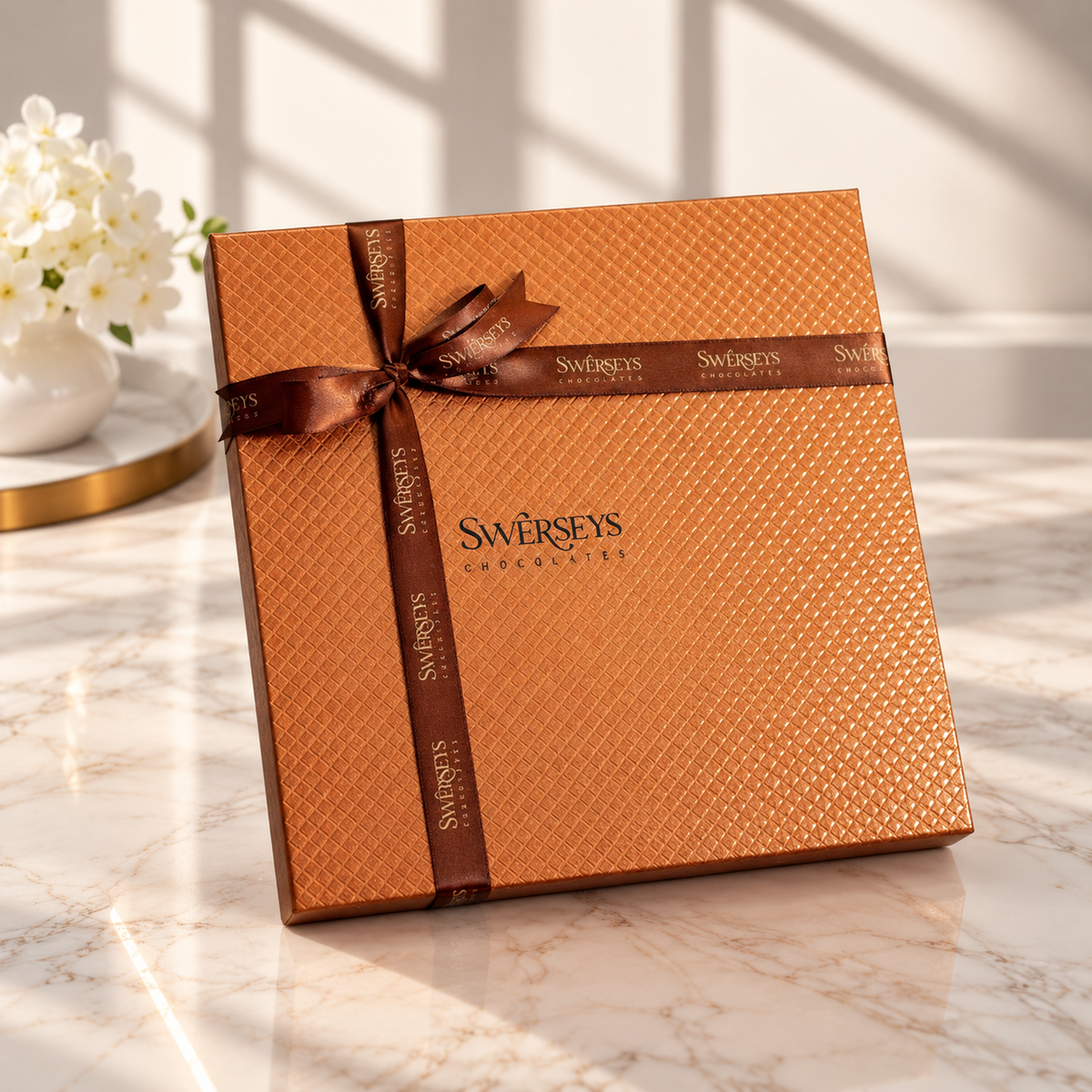 Kosherline gift box with textured copper finish, tied with a brown branded ribbon on a marble surface.