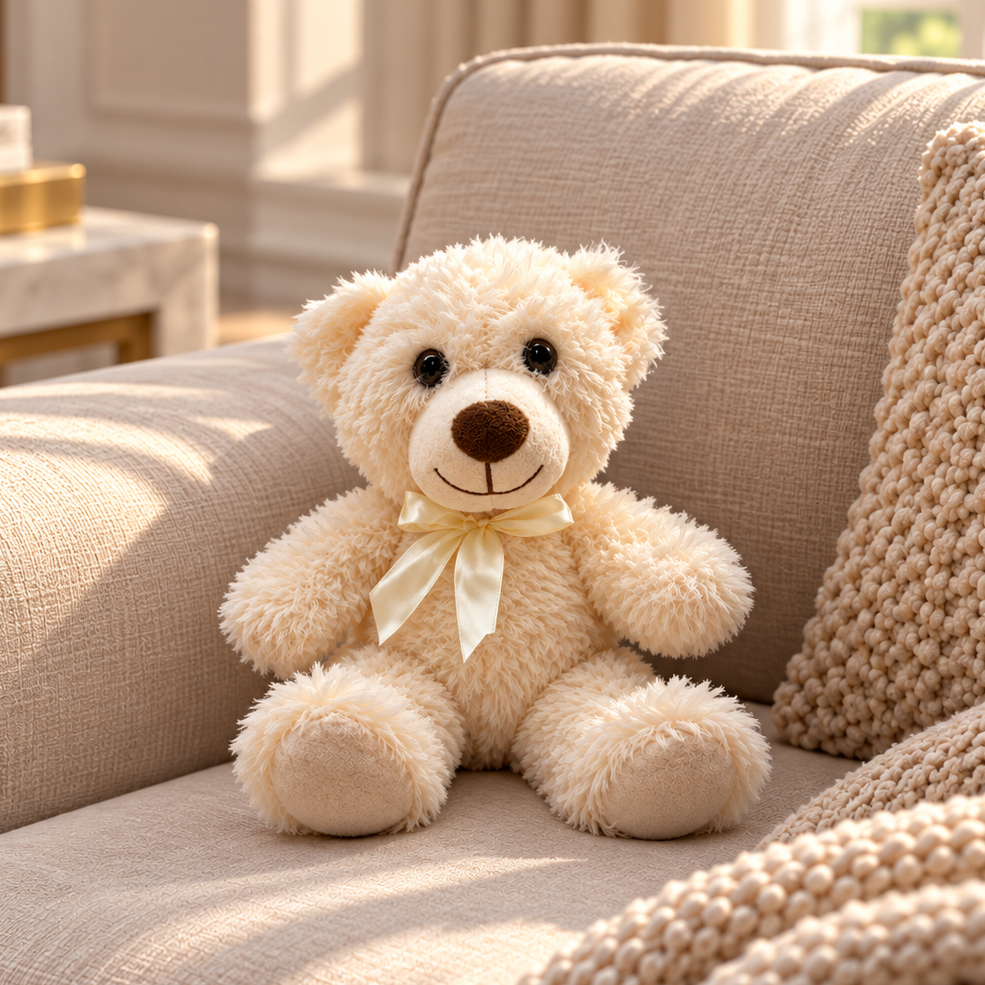 Kosherline cream-colored plush teddy bear with a satin ribbon bow, sitting on a textured beige sofa.