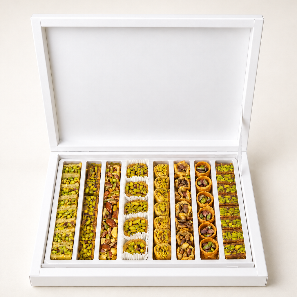 Kosherline assorted baklava gift box featuring crispy phyllo pastry with pistachios and honey in a white box