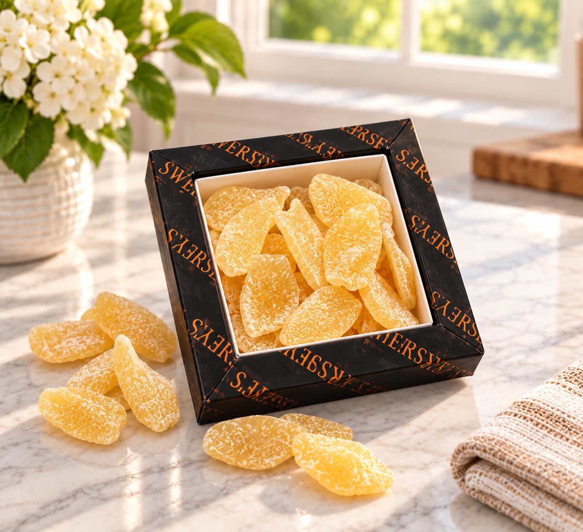 Kosherline gourmet dried pineapple slices in a black branded gift box on a marble countertop.