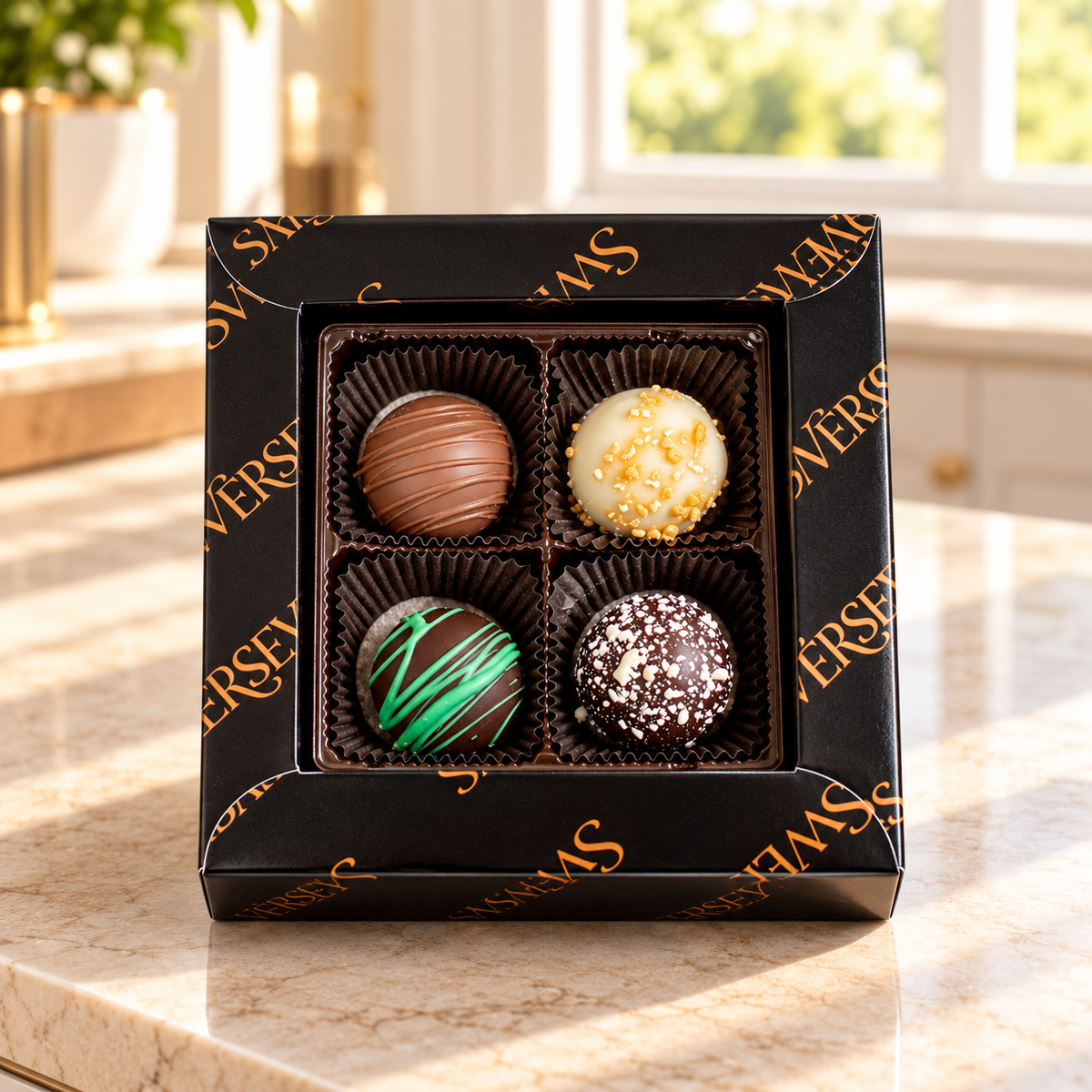 Kosherline 4 tier executive indulgence chocolate gift box featuring four assorted gourmet truffles in a black box