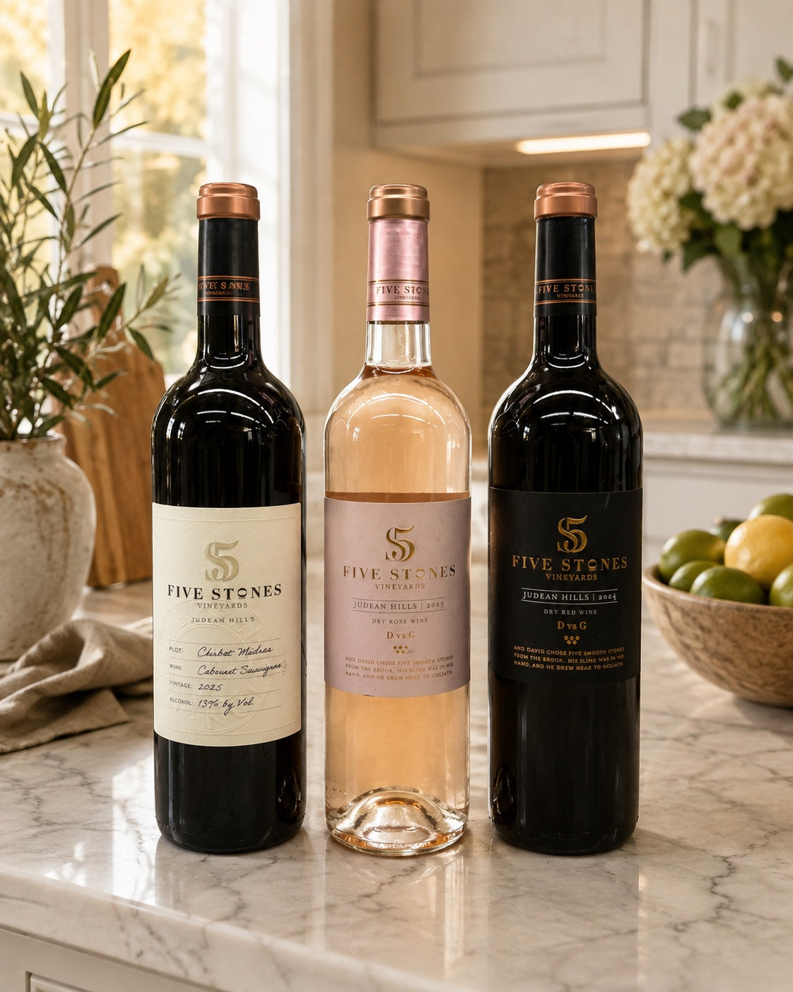 Kosherline selection of three Five Stones Vineyards wine bottles including Cabernet Sauvignon and Dry Rose