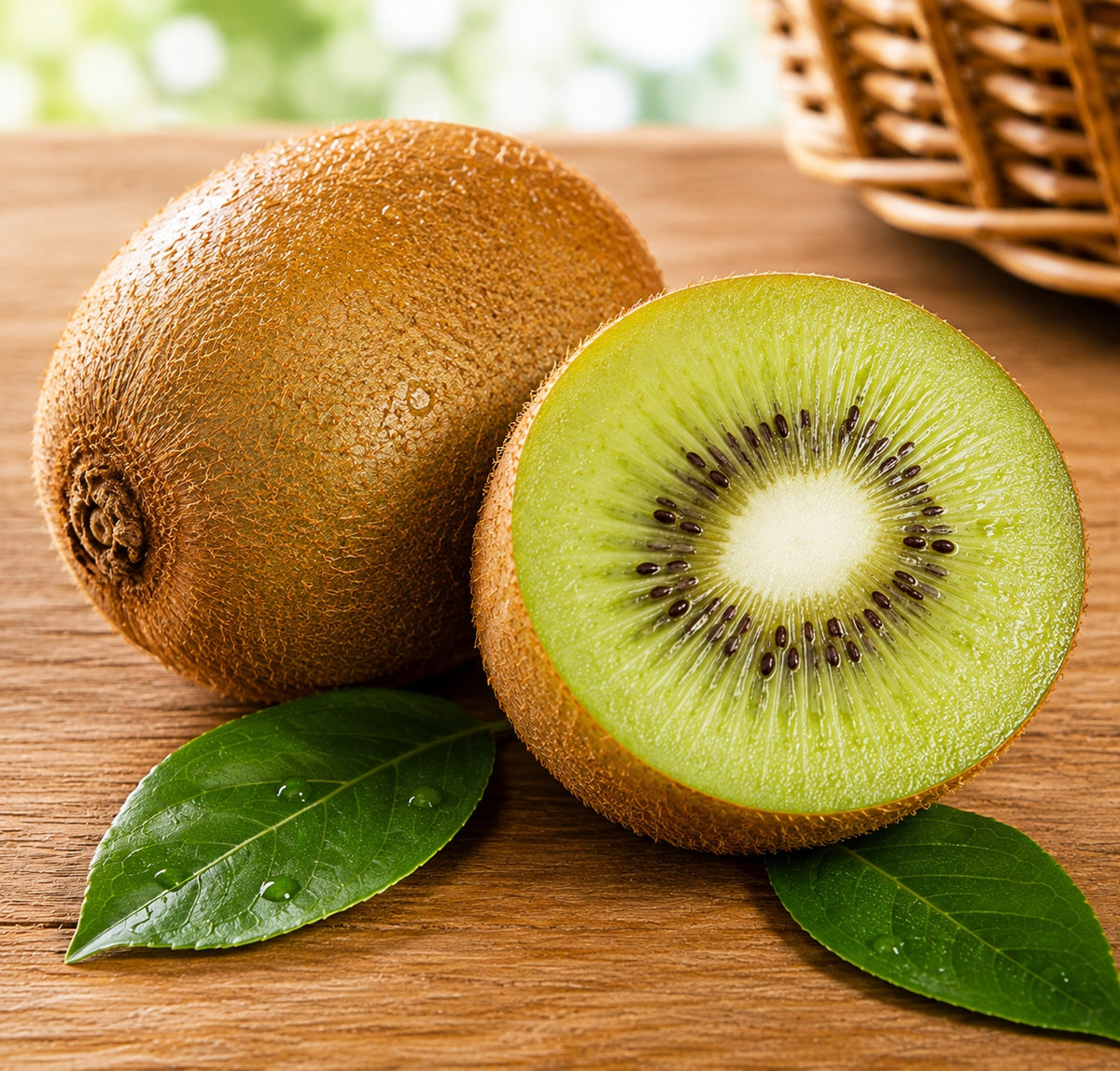Kosherline fresh kiwi fruit with one whole and one sliced half on a wooden surface with green leaves