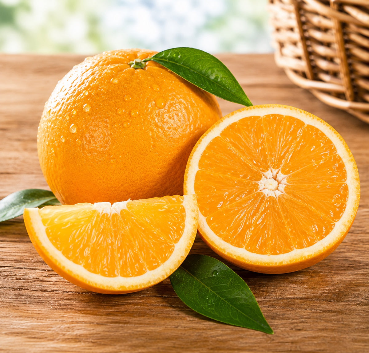 Kosherline fresh navel oranges with green leaves on a rustic wooden table, part of a Rosh Hashana fruit gift basket