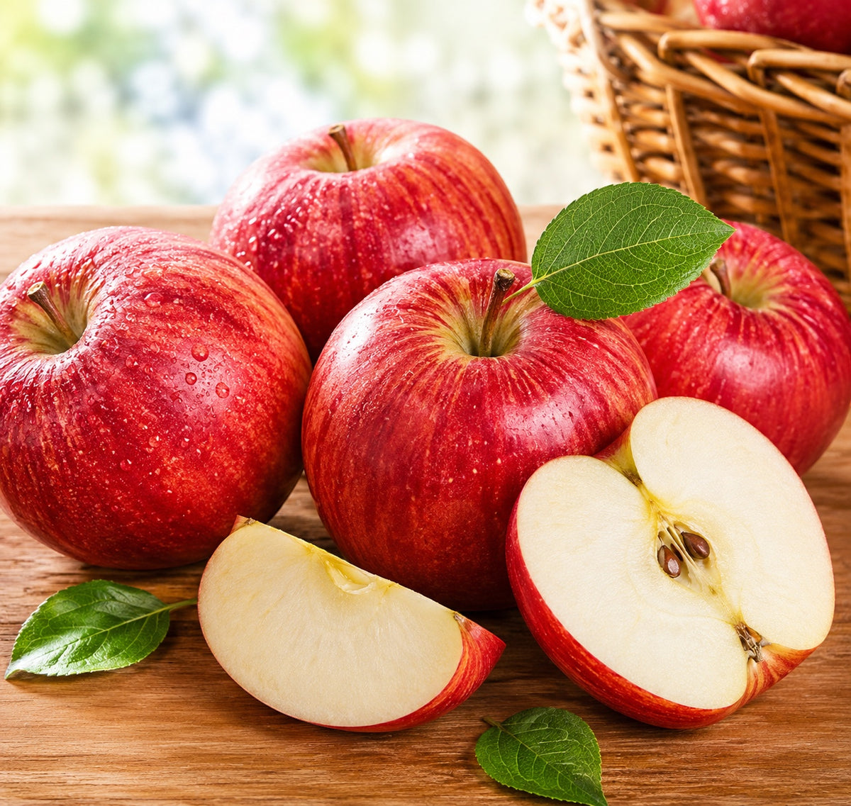 Kosherline Rosh Hashana gift basket featuring fresh, crisp red Fuji apples with green leaves on a wooden surface.