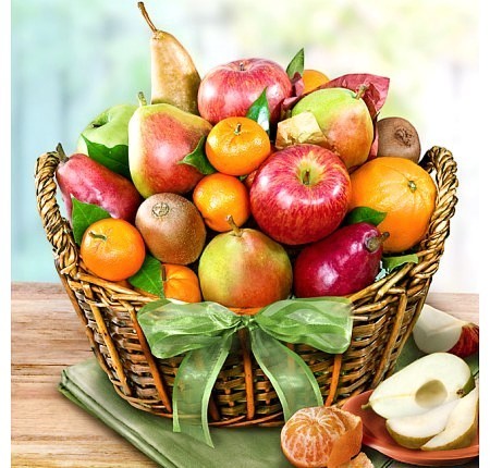 Kosherline Bountiful Fruit Harvest gift basket featuring assorted fresh pears, apples, oranges, and kiwis in a basket