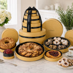 Kosherline Deluxe Gold 5 Tier Gourmet Bakery Gift Box featuring assorted rugelach, babka, bundt cake, and fruit pies.