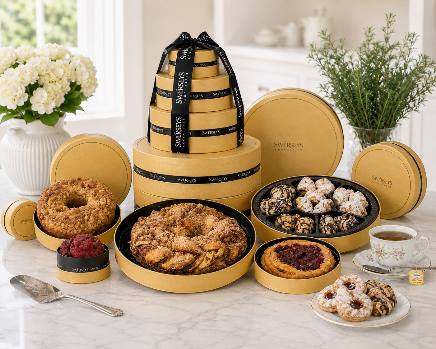 Kosherline Deluxe Gold 5 Tier Gourmet Bakery Gift Box featuring assorted rugelach, babka, bundt cake, and fruit pies.
