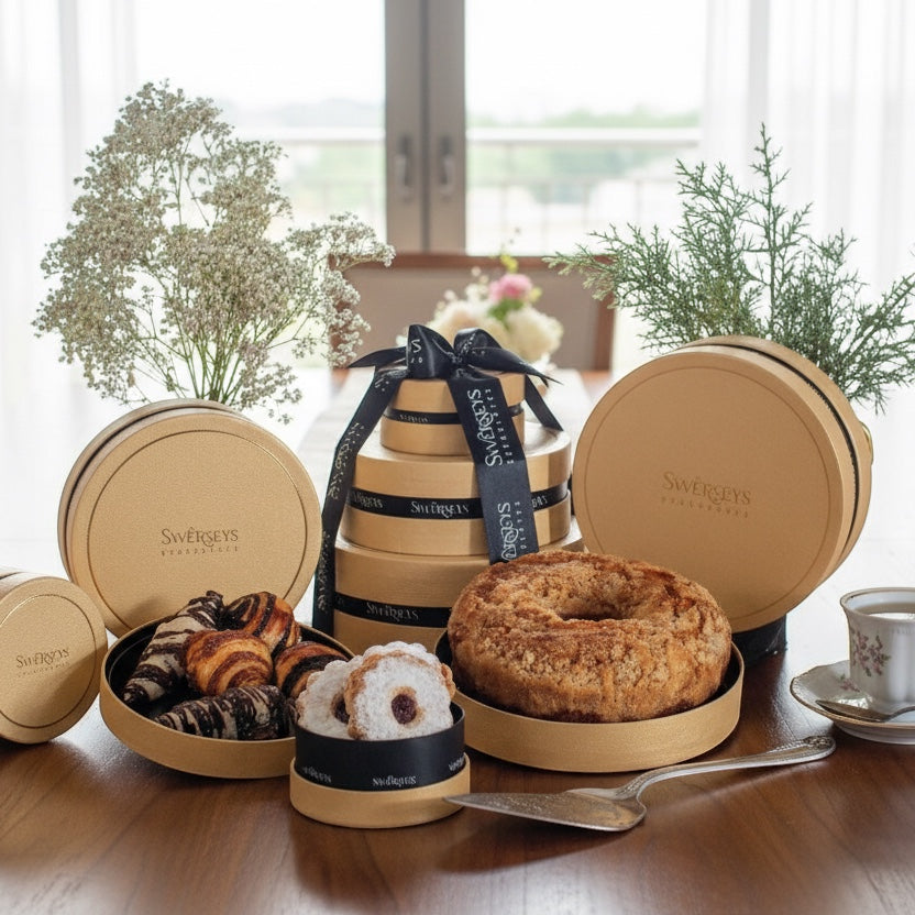 Kosherline 3-tier gold round gift box filled with gourmet bundt cake, rugelach, and linzer tarts on a wooden table.