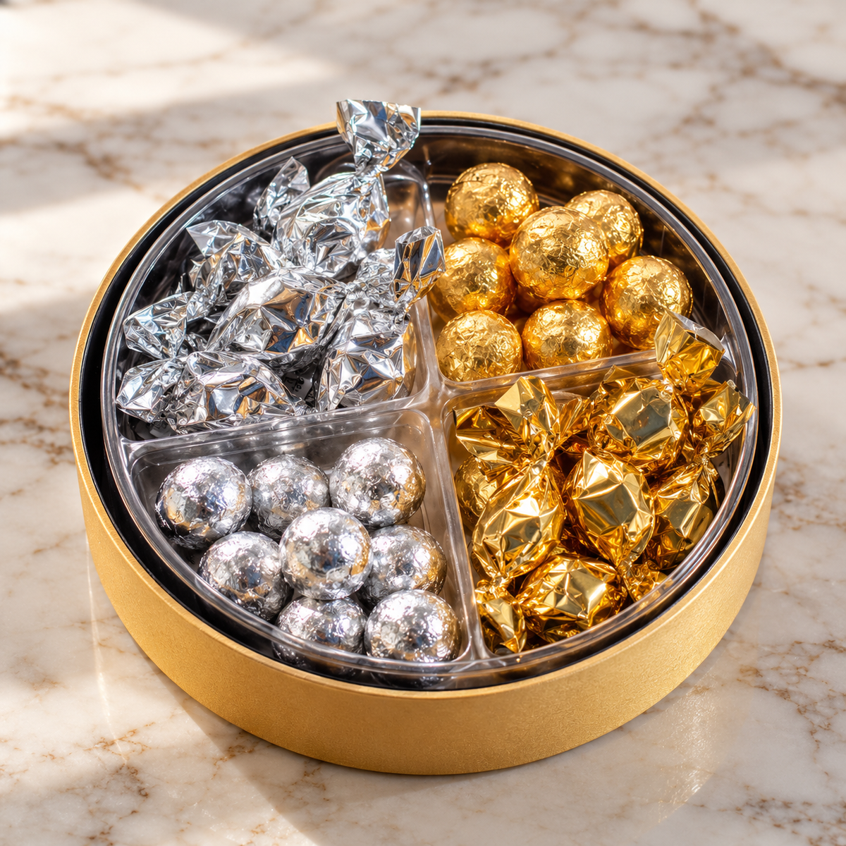 Kosherline gourmet gift box tier filled with gold and silver wrapped truffles and chocolates on a marble surface