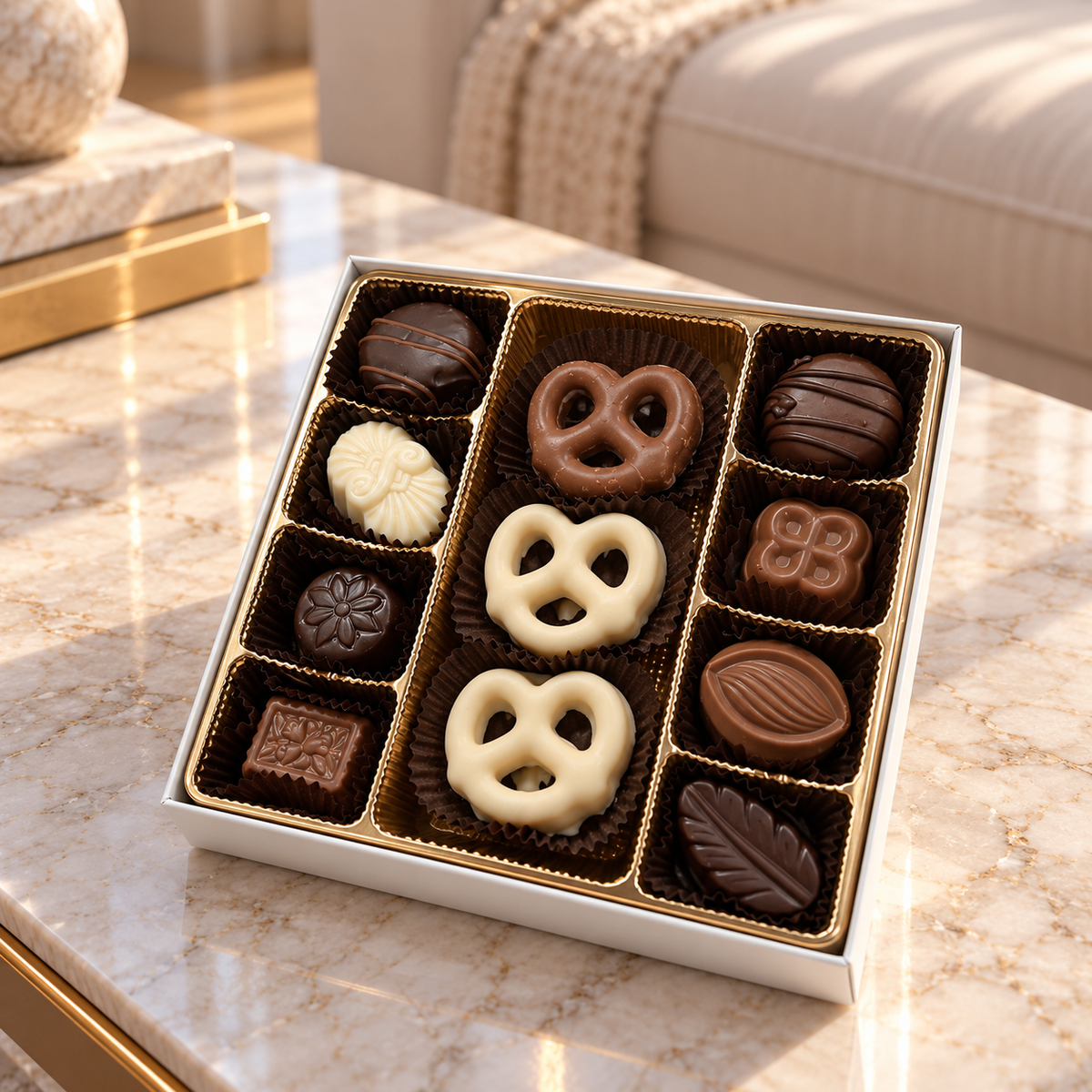Kosherline gourmet assorted chocolate gift box featuring milk and white chocolate pretzels and molded truffles