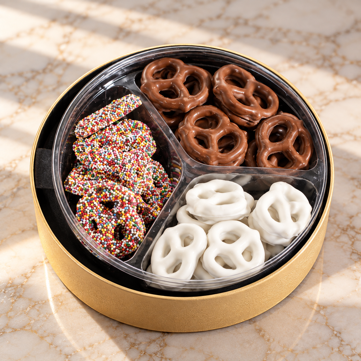 Kosherline gourmet gift box tier featuring milk chocolate, white chocolate, and rainbow sprinkle covered pretzels.