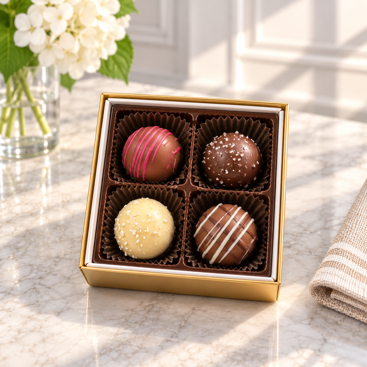 Kosherline gift box containing four assorted gourmet chocolate truffles with decorative drizzles and toppings