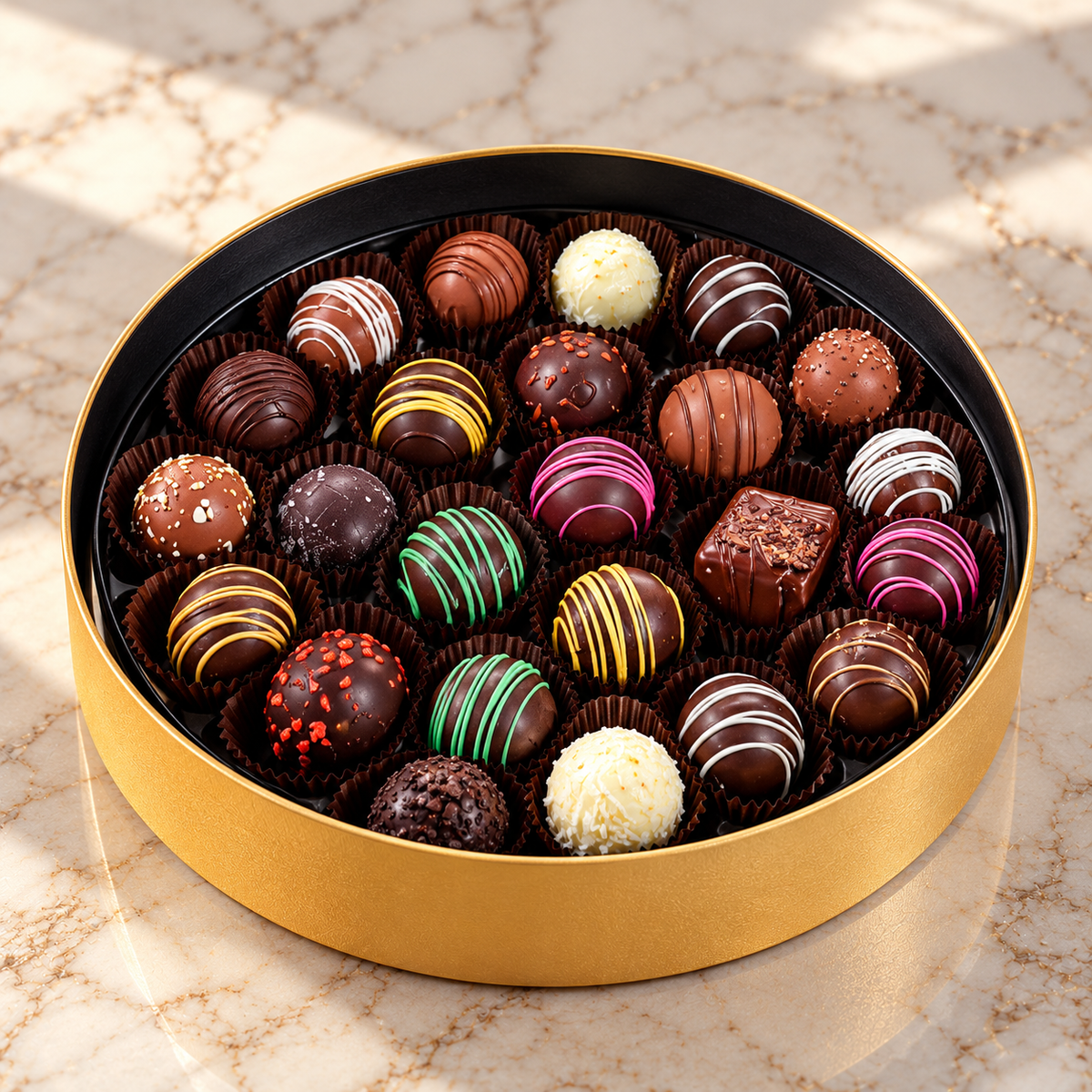Kosherline gourmet round gold gift box filled with an assortment of decorated chocolate truffles and confections.