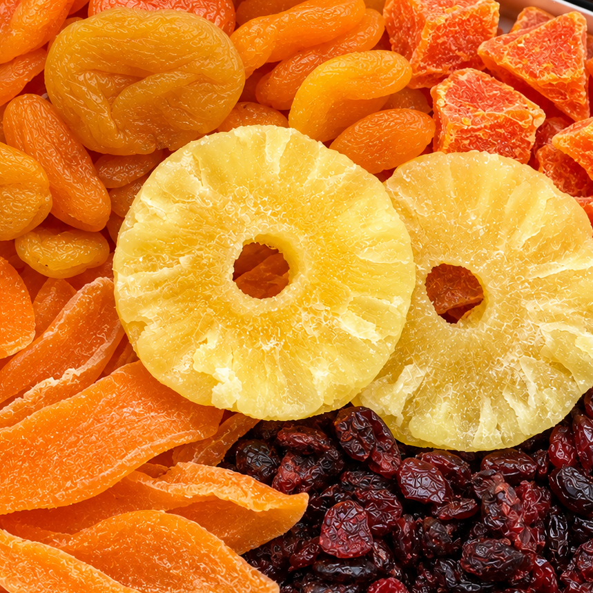 Kosherline gourmet dried fruit assortment including pineapple rings, apricots, mango slices, and raisins.