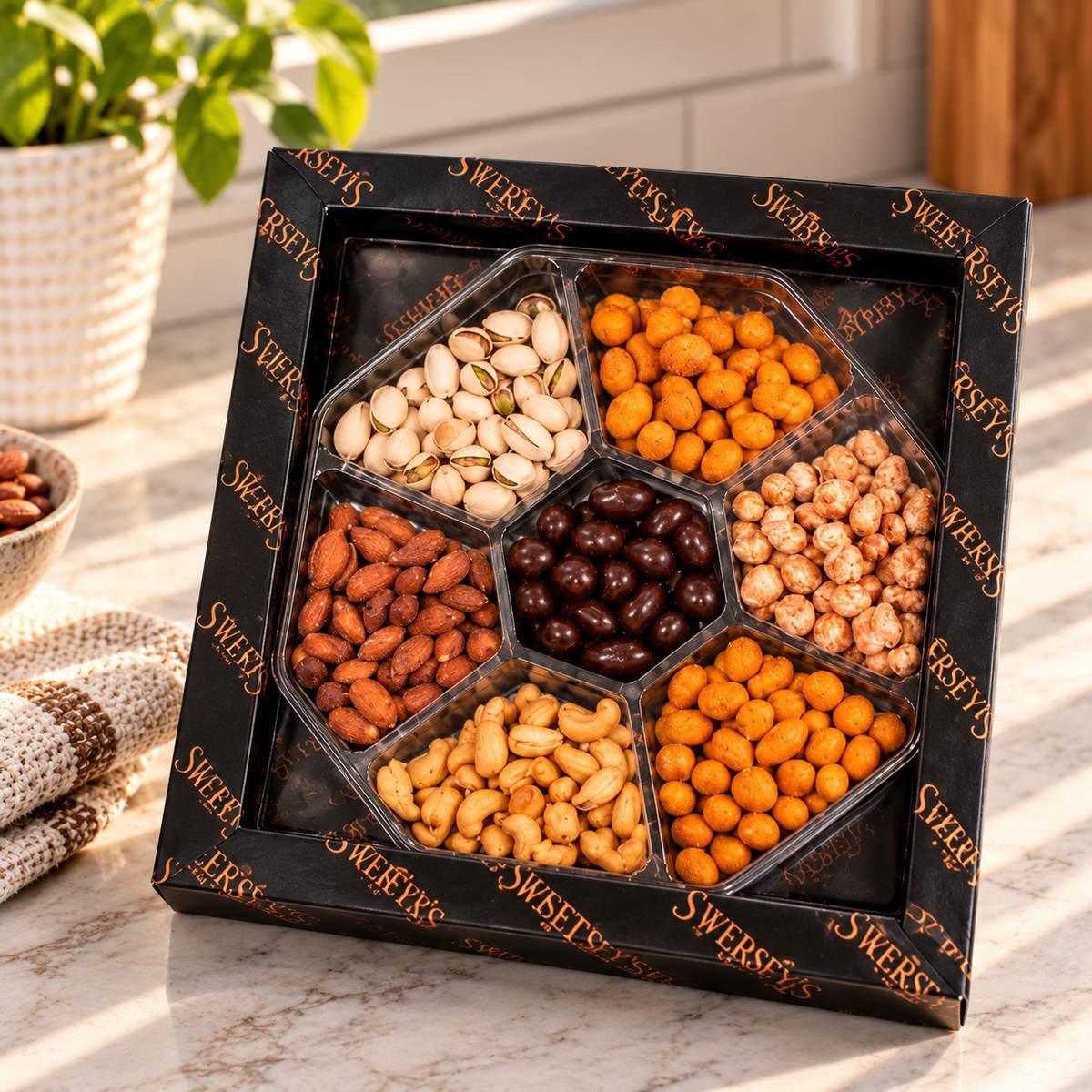 Kosherline gourmet gift box featuring a hexagonal tray of assorted roasted nuts and dark chocolate-covered treats.