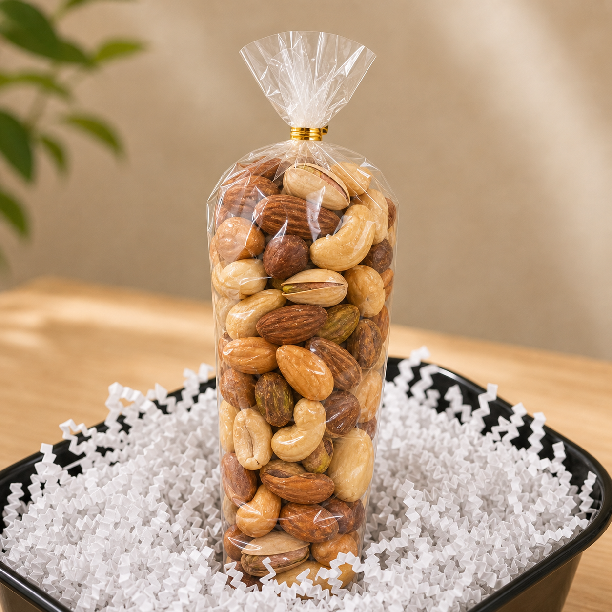 Kosherline gourmet nut mix featuring almonds, cashews, and pistachios in a clear bag on white crinkle paper
