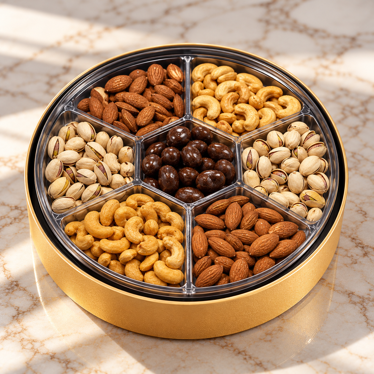 Kosherline gourmet gift box featuring a round gold container filled with assorted nuts and chocolate covered treats.
