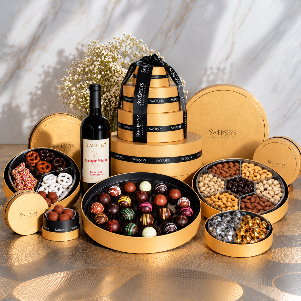 Kosherline 5-tier gold gift box featuring gourmet nuts, truffles, chocolates, pretzels, and non-alcoholic wine.