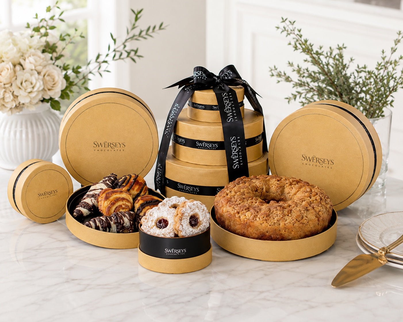 Kosherline Swerseys gourmet pastry gift set featuring a 3-tier gold box, bundt cake, Linzer cookies, and rugelach.