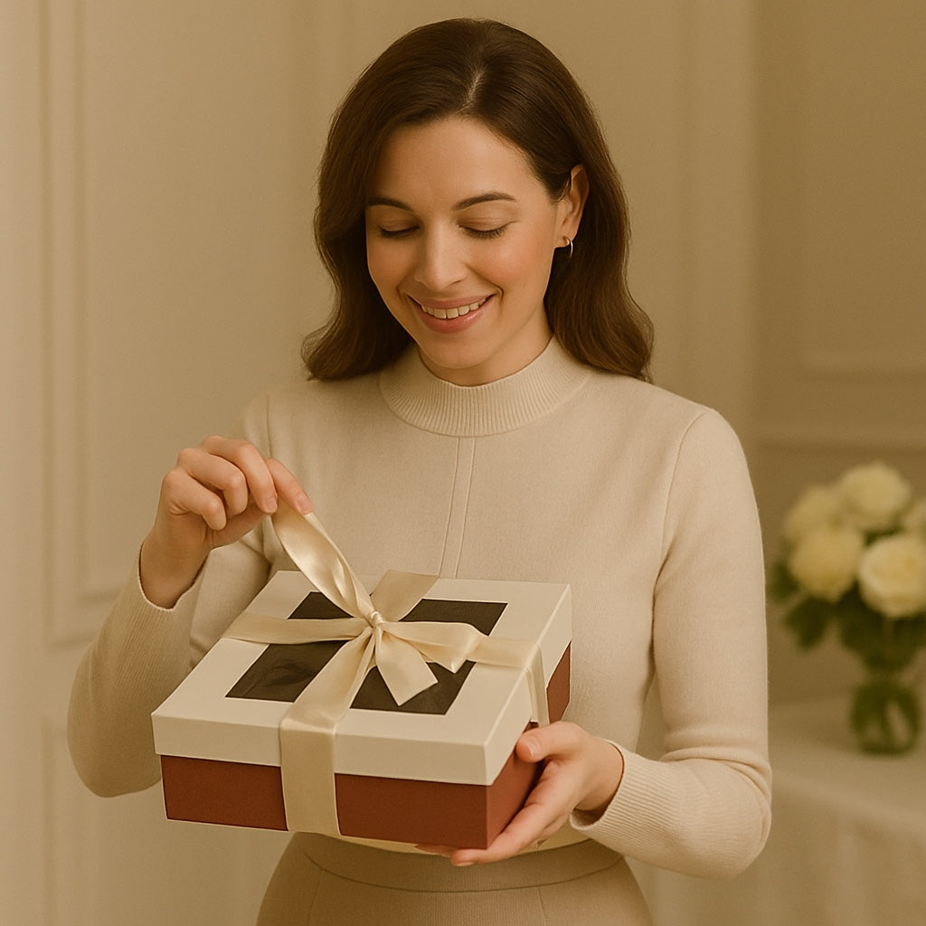 A woman smiling while opening a Kosherline gourmet rugelach gift box tied with a cream ribbon.