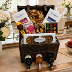 Kosherline Grand Reserve wooden chest filled with gourmet snacks, dried fruits, nuts, and three bottles of wine.