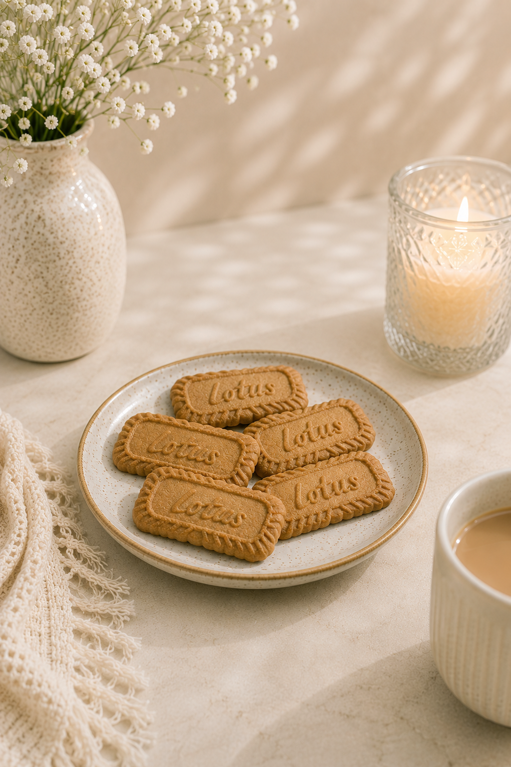 Kosherline modern honey dish plate filled with Lotus Biscoff cookies on a table with a candle and baby's breath