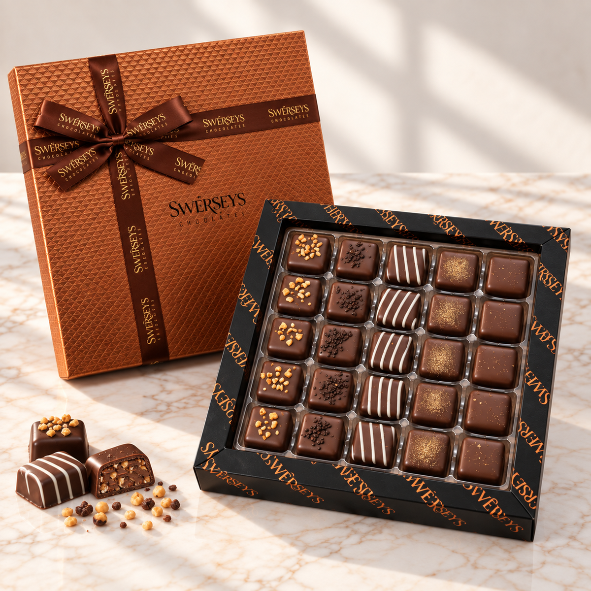 Kosherline Parve Chocolate Crunch gift box featuring assorted dark chocolate squares with nuts and drizzled toppings.