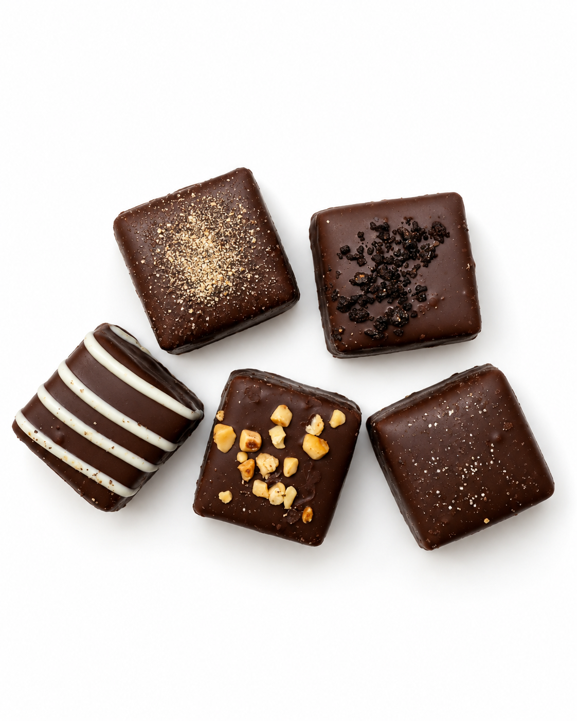 Kosherline Parve Chocolate Crunch Gift Box featuring five assorted square dark chocolates with various toppings