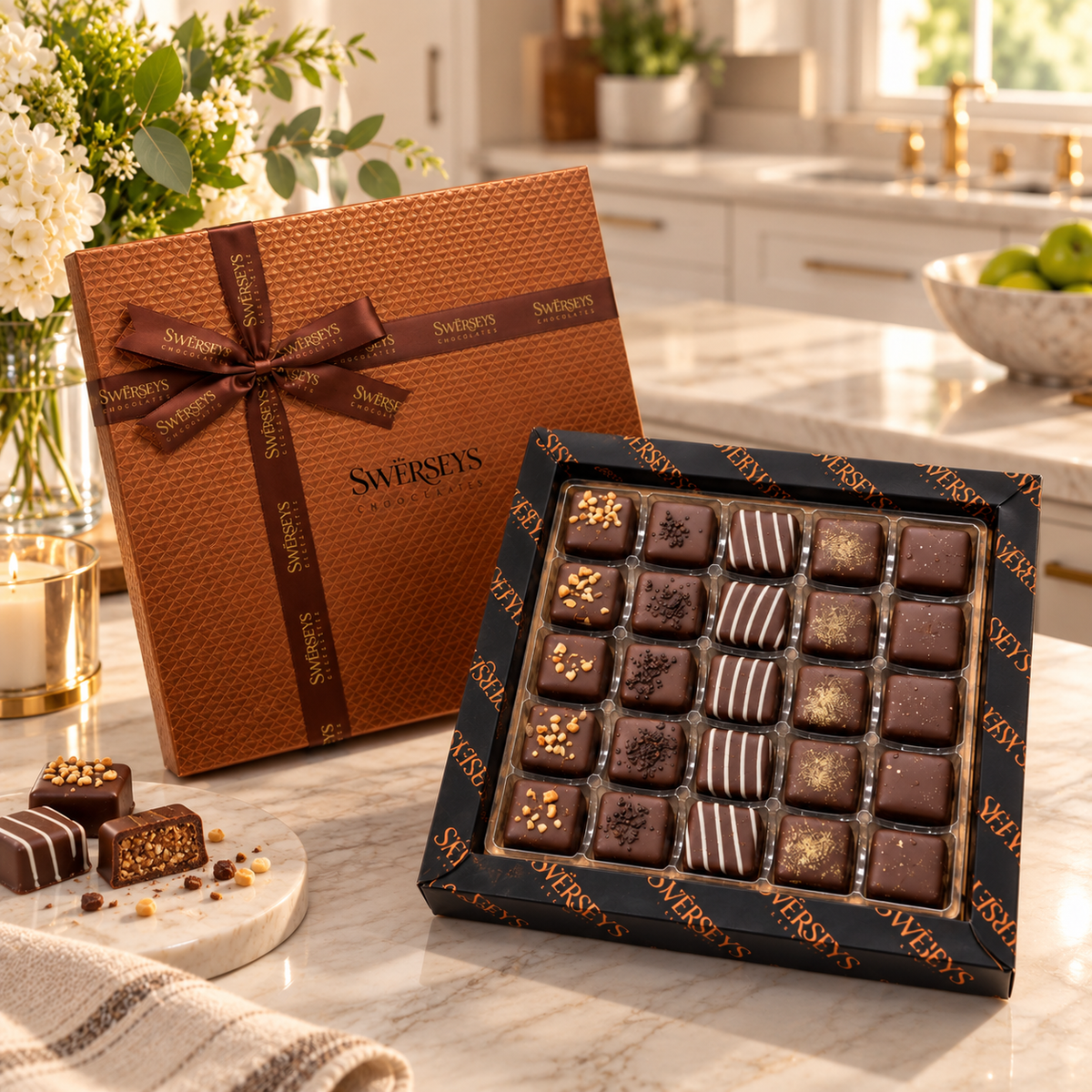 Kosherline large Parve Chocolate Crunch gift box with assorted gourmet chocolates on a marble kitchen counter.