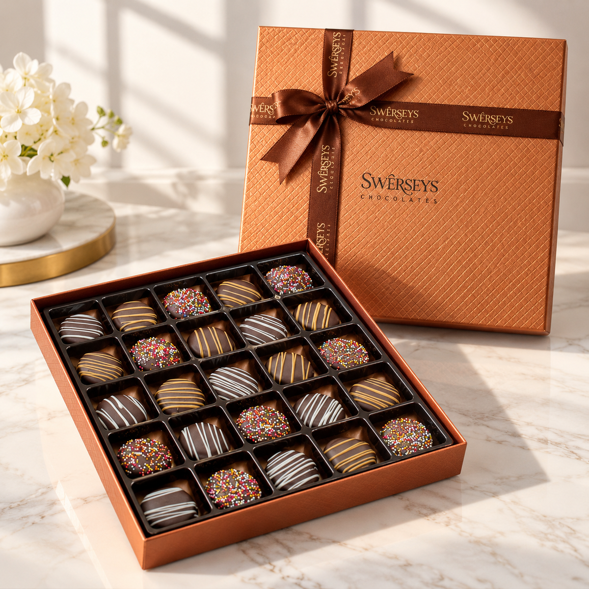 Kosherline parve chocolate double fudge cookie gift box with assorted toppings and a decorative ribbon.