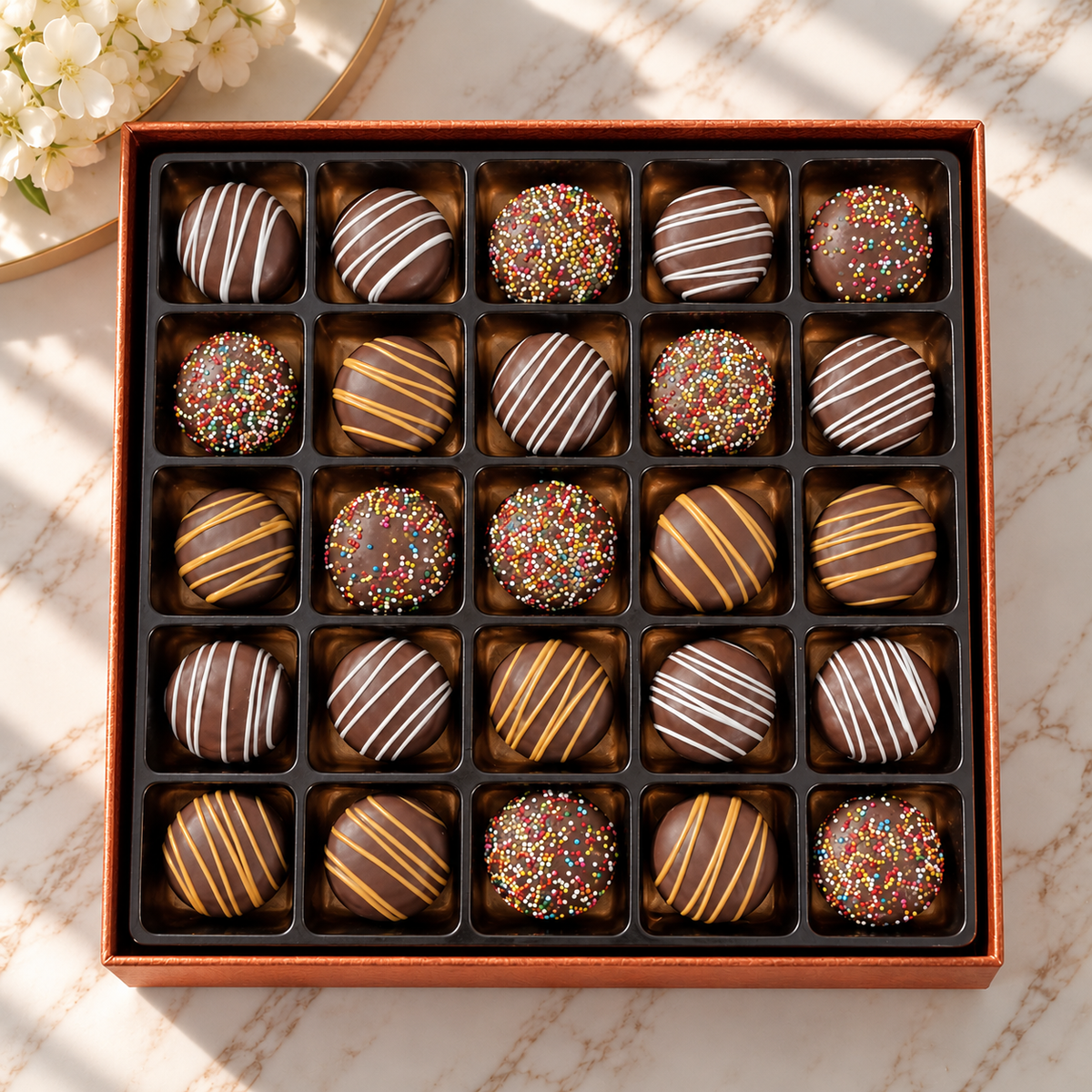 Kosherline parve chocolate double fudge cookies with sprinkles and icing in a square gift box