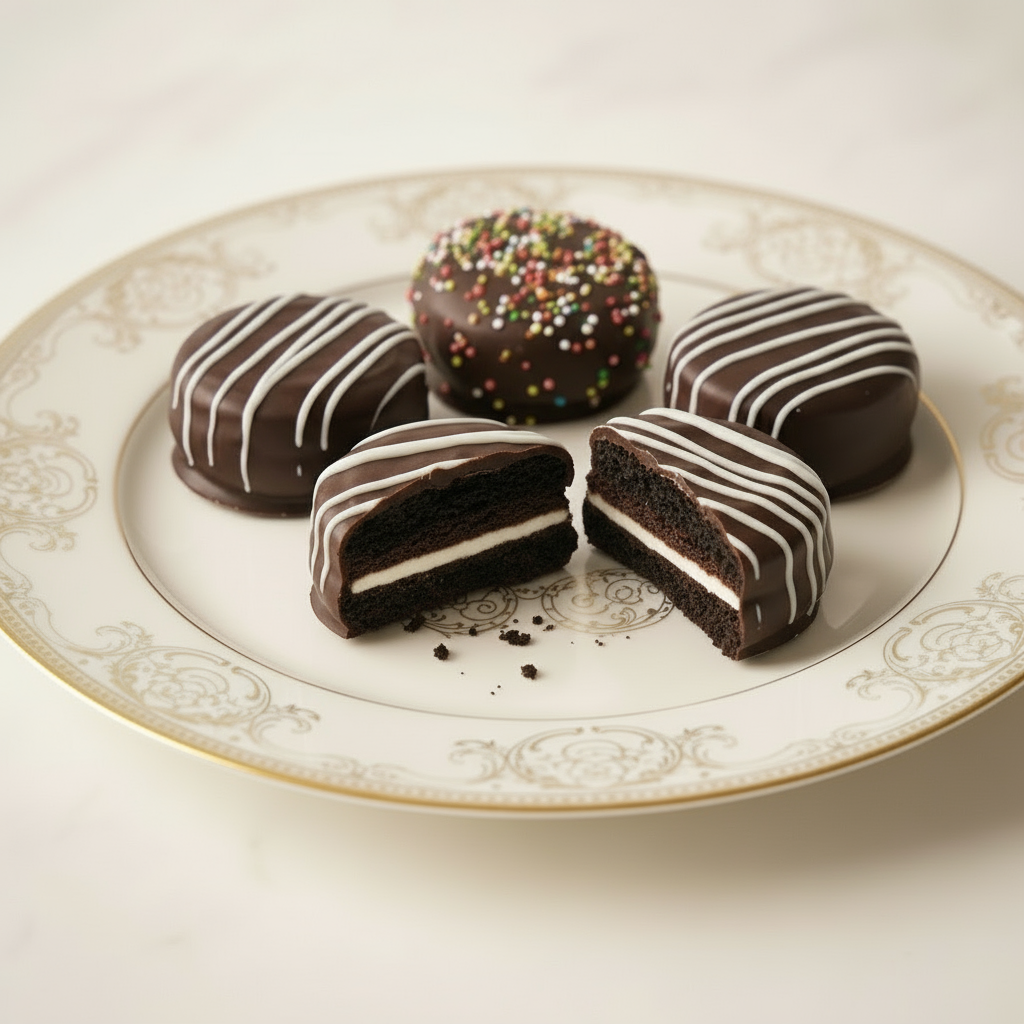 Kosherline parve chocolate double fudge sandwich cookies with white icing drizzle and sprinkles on a decorative plate.