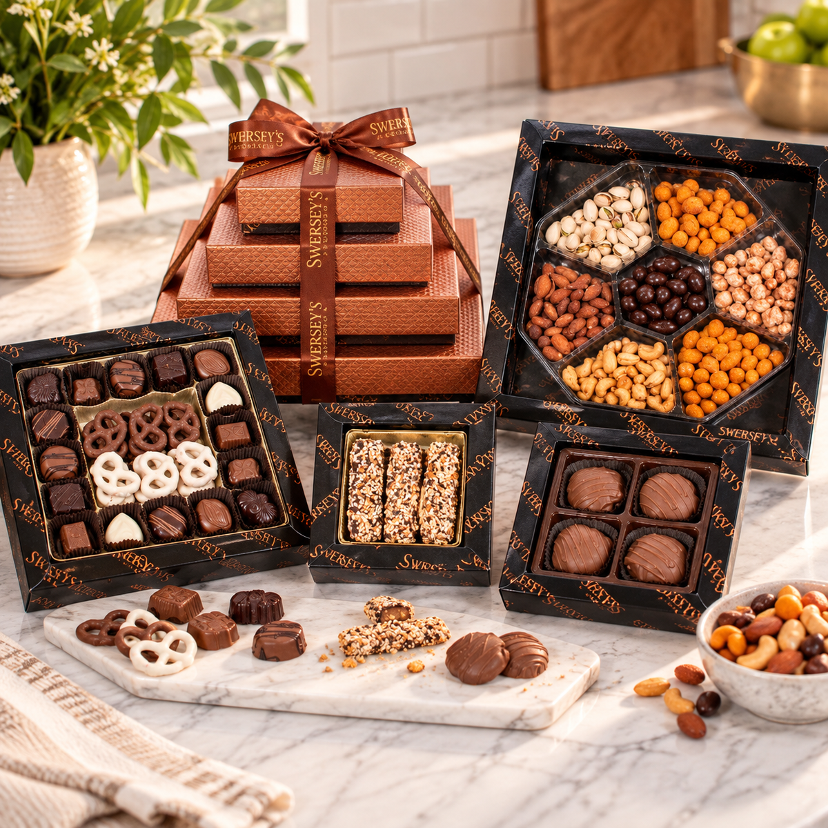 Kosherline 4 tier gift tower featuring assorted parve chocolates, roasted nuts, and chocolate-covered treats.