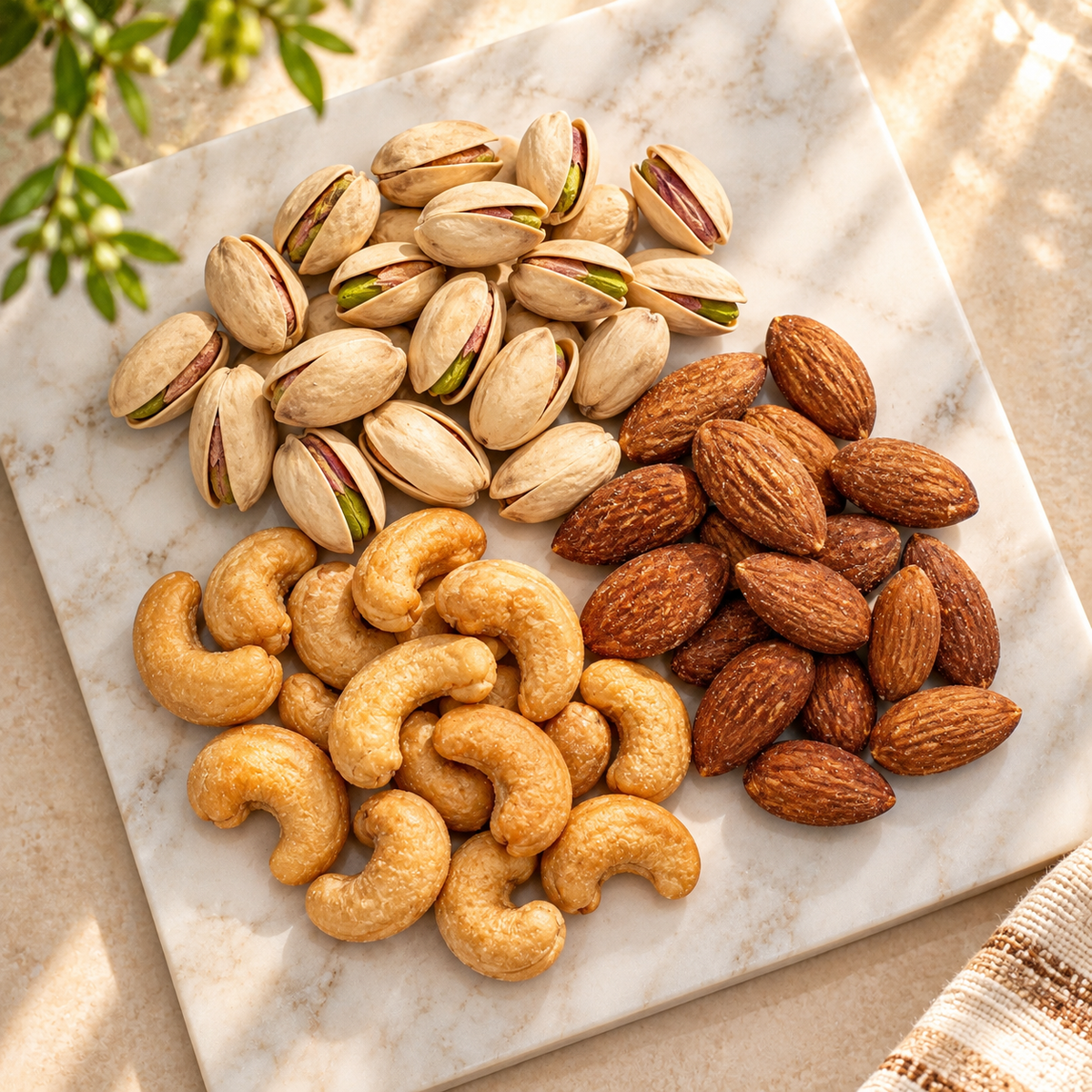 Kosherline gourmet assortment of roasted pistachios, almonds, and cashews arranged on a marble surface