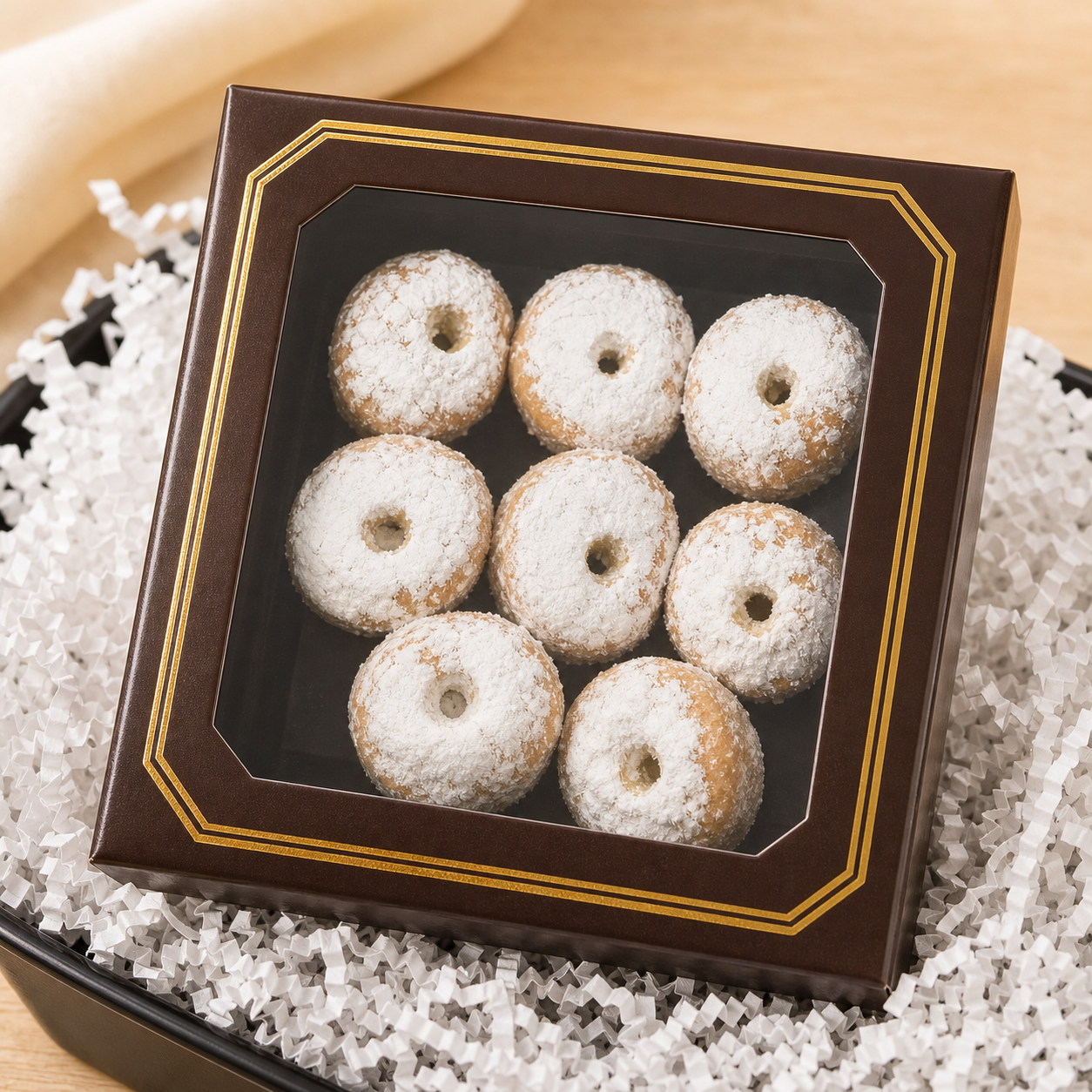 Kosherline gift box containing powdered ring cookies in a brown windowed box nestled in white crinkle paper