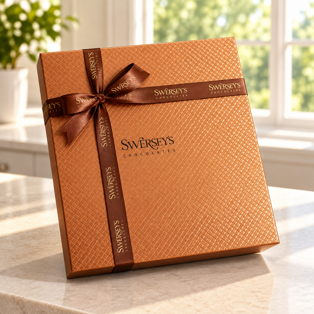 Kosherline premium assorted nuts gift box in a textured copper-colored box with a branded brown ribbon