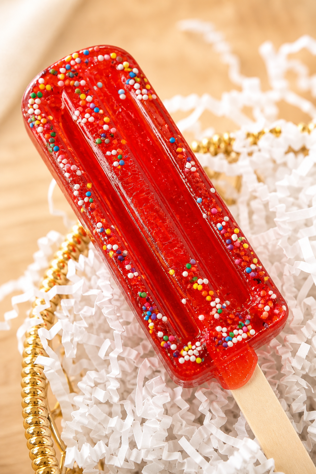 Kosherline red gourmet lollipop with colorful sprinkles on a wooden stick nestled in a golden gift basket