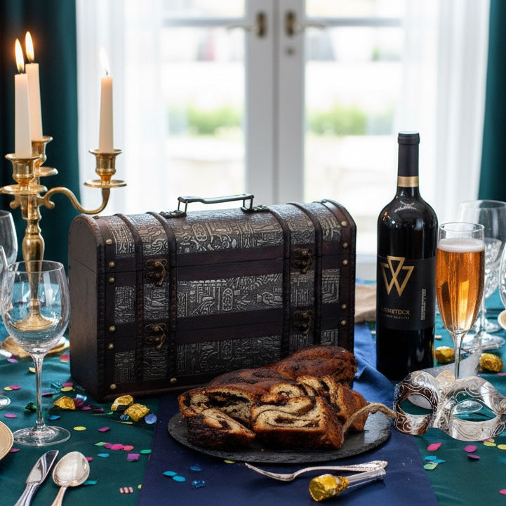 Kosherline Rosh Hashanah gift set featuring a decorative treasure chest, gourmet chocolate babka, and premium wine.