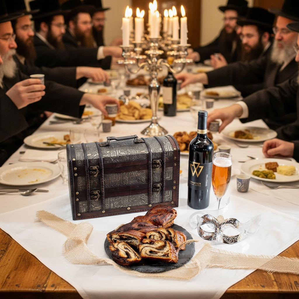 Kosherline Rosh Hashanah gift set featuring a treasure chest, gourmet chocolate babka, and premium wine on a table.